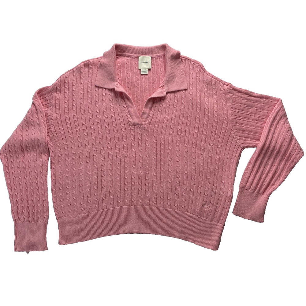 Calvin Klein Womens XL Pink Cable Knit V-Neck Polo Collar Pullover Sweater